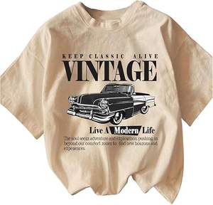 T-shirt graphique pour femme, col rond, épaules tombantes, tendance, été, manches courtes, imprimé vintage de voiture - Product Image 1