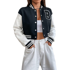 Mangas de cuero Chaquetas de mujer Crop Baseball Letterman Chaquetas de mujer - Product Image 6