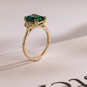 Vintage Bridal Engagement <b>Ring</b> Gold <b>Emerald</b> Three Stone Prong Setting Anniversary/Birthday Gift for Her Third Party Certified - Product Image 4