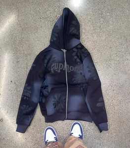 OEM&ODM Wholesale Custom High Quality Fashion <b>Applique</b> Embroidered Rhinestone Acid-washed Men's Zipper Hoodie - Product Image 5