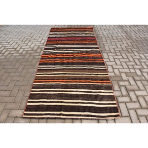 พรมขนสัตว์ทำมือแบบทันสมัยลายทางสีน้ำตาลส้ม3.9ft x 9.3ft สี่เหลี่ยมผืนผ้าดีไซน์แบบปะต่อสำหรับห้องนั่งเล่น - Product Image 1
