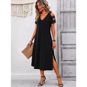 Robe en viscose à manches courtes avec détails latéraux, 37829 - Noir - Product Image 1