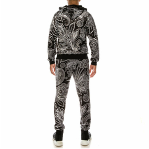 High Quality Hooded 100% Cotton Black Velvet Two-Piece Tracksuit for Men Solid Pattern <b>Jacket</b> Pants Set <b>Rhinestones</b> Knee-Length - Product Image 2