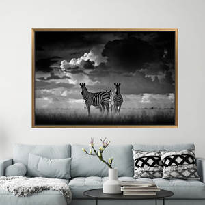 Toile imprimée : Art zèbres, Décoration murale Savane africaine, Art élégant pour salon, 1P : Cadre doré - Product Image 1