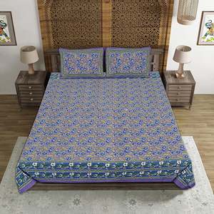 Jaipuri Print Blue Cotton 240 TC Double Bedsheet with 2 Pillow Covers 3-Pc Set for <b>King</b> <b>Size</b> Beds 100% Cotton Home Use - Product Image 2