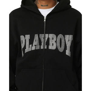 Vente en gros Sweat à capuche mode surdimensionné avec strass délavé à l'acide Sweat-shirt vintage à fermeture éclair avec appliques brodées pour hommes - Product Image 6