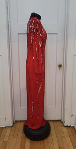 Floral Sequin Mesh Evening Gown <b>Red</b> <b>Beads</b> Fitted A-Line Style Full Length Long Sleeves Natural Waistline Formal Party Prom Dress - Product Image 3
