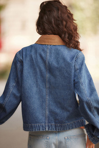 Women Denim Trucker Jacket With Corduroy Collar <b>Zipper</b> Front Full Sleeve Short Length Autumn Style - Product Image 3