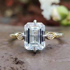 Prong <b>Set</b> <b>Emerald</b> Cut Moissanite Diamond Engagement Wedding Rings for Women in 10kt Solid Gold - Product Image 1