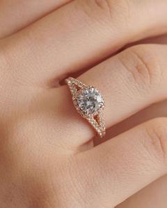 Cojín de alta calidad, doble borde, Halo, vástago dividido, solitario redondo, anillo de oro de 14K, joyería de compromiso de diamante cultivado en laboratorio, a granel - Product Image 5