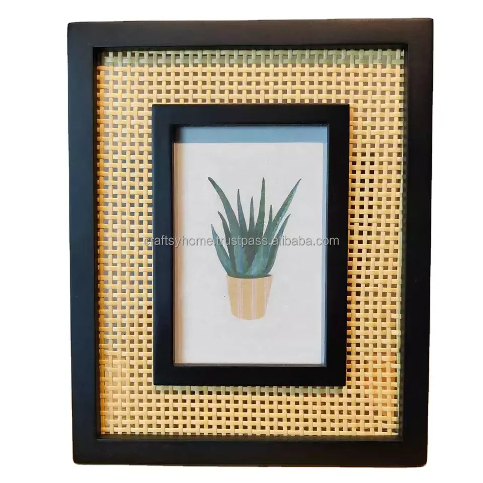 Popular Rattan Picture Frame with black wood boarder photo frame Gifts Home Decoration Wood Photo Frame for Desktop/wall decor
