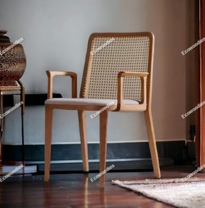 Restaurante café clásico café silla mediados de siglo Moderno marco de madera maciza PE mimbre ratán sillas de comedor para jardín al aire libre - Product Image 1