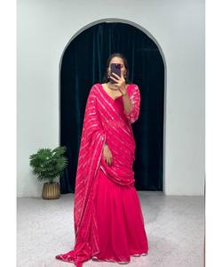 Aspecto más atractivo Ropa de recepción Saree de seda de algodón con pieza de blusa Mujeres usan Sari Precio bajo barato Surat al por mayor - Product Image 3