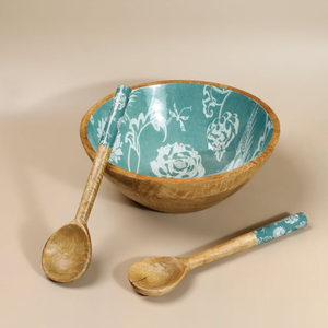 Natural wood serving <b>bowl</b> featuring a teal and white floral <b>enamel</b> print, with two wooden serving spoons, at wholesale prices. - Product Image 1