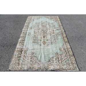 Tapis turc vintage écologique 4,9x8,2 pieds, tapis en laine patchwork vert avec envers en latex - Product Image 1