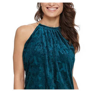 Abito da festa Kensie in velluto blu stampato, taglia XL, comodo, a trapezio, lungo fino al pavimento, con decorazioni di paillettes e strass a strati, corto - Product Image 2