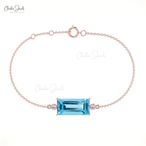 Drop Shipping 14k Gold Swiss Blue Topaz Dainty Bracelet 2MM Round Cut Diamond Bezel Set Bracelets Custom Jewelry Manufacturer - Product Image 1