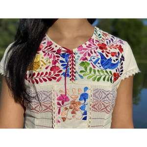 Vestido Blanco de Manga Corta para Mujer, Bordado Étnico con Diseño Floral Mexicano, Estilo Casual de Verano, Largo hasta la Rodilla - Product Image 3