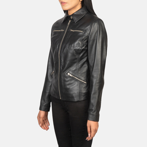 Chaqueta de Cuero Genuino Negra para Mujer, Cuello Camisero, Cierre de Cremallera, Bolsillos en el Pecho, Chaqueta de Motera de Piel de Oveja, Prenda Exterior Clásica Informal Personalizada - Product Image 3