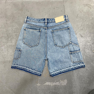 Personnalisé Hommes Bouton Étiquette En Cuir Logo Gravé Coton Épais Stone Washed Distressed Denim Shorts pour Hommes - Product Image 2