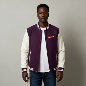 <b>Men's</b> <b>Purple</b> Canvas Varsity Jacket Front Embroidery Brand Preppy Style Regular Fit Turn-down Collar Cotton Lining Eco-Friendly - Product Image 4