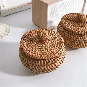 Panier de rangement rond en rotin tissé avec couvercle, panier de boîte de rangement de bureau fabriqué à la main, décoration de la maison, vente en gros