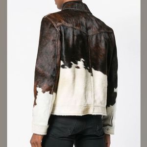 Veste en cuir de vache véritable pour homme, style motard, noir et blanc, imprimé vache, veste d'hiver tendance - Product Image 5