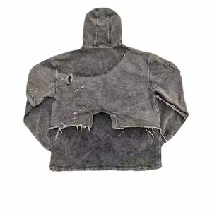 Ropa de calle personalizada al por mayor, sudaderas con capucha rasgadas de alta calidad para hombre, Sudadera con capucha desgastada y dobladillo crudo de doble capa lavado con piedra ácida - Product Image 2