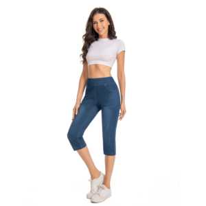 Pantalon cargo capri en jean extensible pour femme, coupe ajustée, en coton/élasthanne, tissu doux et respirant, poches à rivets, style simple et tendance - Product Image 3