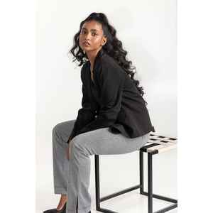 Pantalon évasé pied-de-poule gris 224-220-002, taille haute, infroissable, formel - Product Image 3