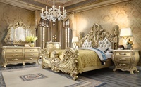 Ensemble de chambre à coucher de luxe, style royal européen moderne, en bois doré et acajou sculpté à la main, avec lit extensible et rangement, pour appartement et centre commercial