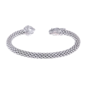 Vente en gros Manchette unisexe en argent sterling avec dragon et lotus Bracelet ajustable fait main Bijoux symboliques Boho Cadeau pour femme - Product Image 1