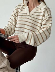 เสื้อสเวตเตอร์ลายทางลำลองของผู้หญิงฤดูใบไม้ร่วงฤดูหนาวเสื้อสวมหัวแบบสวมหัวเสื้อถักสีน้ำตาลอมเขียวเปิดไหล่คอเสื้อแขนยาว - Product Image 5