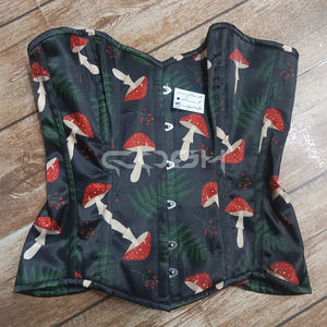 Corset vintage rouge imprimé champignons en satin, haute compression, avec baleines en acier, sculptant le corps, fabricant de corsets - Product Image 6