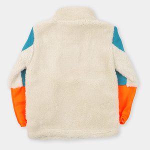 Pull en polaire sherpa à blocs de couleur pour femmes, demi-zip, manteau ivoire avec manches orange et turquoise, chaud, doux, confortable, col montant, couches d'hiver - Product Image 4