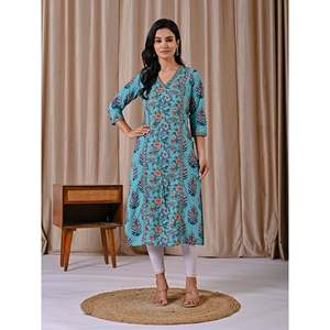 Sea Blue <b>Block</b> <b>Printed</b> Cotton Straight Fit Kurti Indian Ethnic Wear for Ladies and Girls for Special Occasions Stitched Style - Product Image 3