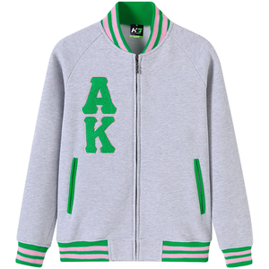 Alfa |   Kapa |   Chaqueta Universitaria Personalizada Estilo Hermandad Alpha, Color Gris, con Letras de Chenilla, Cierre Completo, Chaqueta Universitaria al por Mayor - Product Image 1