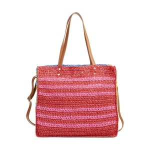 Borsa Tote da Donna Artigianale in Rattan con Finitura a Righe Blu e Fodera in Cotone e Poliestere per Tutte le Stagioni - Product Image 1