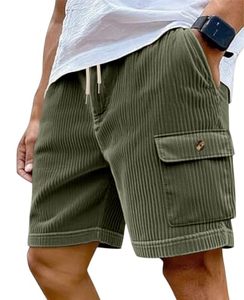 Pantalones Cortos de Pana Sólida 100% Poliéster para Hombre, Cintura Elástica con Cordón, Estilo Bermuda Cargo, Múltiples <span class=keywords><strong>Bolsillos</strong></span>, Verde, Secado Rápido - Product Image 1