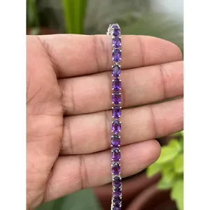 สร้อยข้อมือเทนนิสเงินแท้ 925 ประดับอเมทิสต์รูปไข่ เครื่องประดับทันสมัยและสง่างาม - Product Image 1