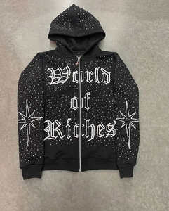 Conjunto de Chándal de Dos Piezas para Hombre, Personalizado OEM, de Felpa Gruesa, con Parches Bordados Desgastados, Pantalones Deportivos y Sudadera con Capucha con Pedrería y Lavado Ácido - Product Image 2