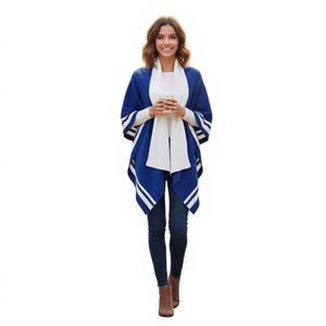 Poncho décontracté à rayures bleues pour femme, coupe ample, style châle, mode pakistanaise - Product Image 1
