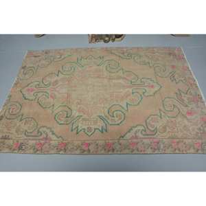 Vintage <b>Turkish</b> <b>Rug</b> 4.3 X 6.3ft Beige Handmade Wool with Patchwork Design Latex Backing Rectangular Shape for Bedside Use - Product Image 3