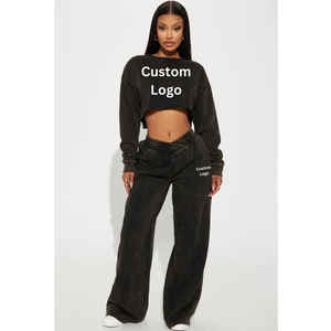 Ensemble short à capuche en détresse avec lavage à l'acide personnalisé pour femmes Survêtement vintage de couleur pure avec short évasé pour la saison d'automne - Product Image 1