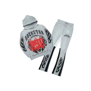 Conjunto Deportivo Unisex Rockstar con Sudadera con Cremallera y Pantalones Deportivos con Estampado de Llamas, Estilo Urbano, Algodón, para Otoño - Product Image 1