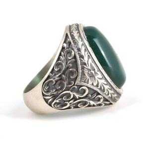 Hand-Engraved 925 Sterling <b>Silver</b> Oval <b>Ring</b> for <b>Men</b> with Green Agate Stone (Rhodium Plated) - Product Image 3