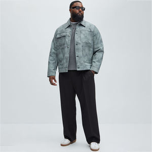 Chaqueta de Invierno Unisex Extra Grande de Piel de Vaca Lavada en Gris, Estilo Retro, Cierre de Cremallera, Bolsillos Delanteros, Ajuste Casual, Transpirable, Resistente al Viento - Product Image 1