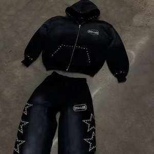 Conjunto de Sudadera con capucha de dos piezas de algodón 100% Vintage para hombre, pantalones de chándal de felpa francesa, lavado con ácido desteñido al sol con logotipo bordado en 3D - Product Image 4