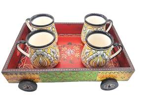 Bandeja de servicio de madera en relieve multicolor moderna Juego de 3 pintados a mano para bodas y Diwali Servir decorativo - Product Image 6