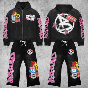 Soleil délavé Streetwear Joggers en détresse unisexe acide soleil lavage ensemble broderie pantalons de survêtement DTG Logo sweat à capuche survêtement pantalon évasé - Product Image 3